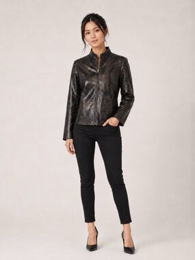 St John Leather Jacket Blk/Brown Leather Embossed Perforated Jacket Sz S Petite